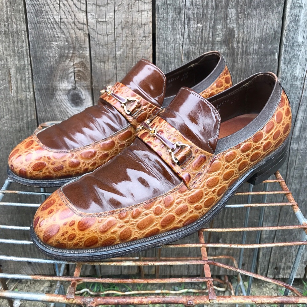 VTG 70s Allen Edmonds Malibu Alligator Patent Leather Bit Loafers 10 D